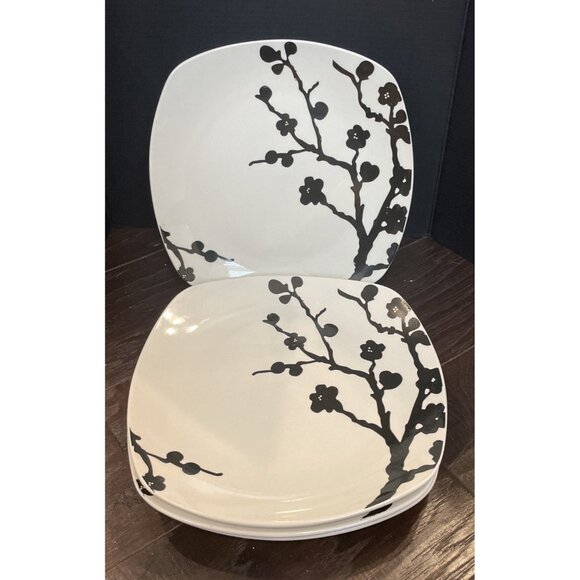 Roscher Square Salad Plates Black White Floral Branch Set Of 4 Stoneware Cottage - Picture 1 of 3